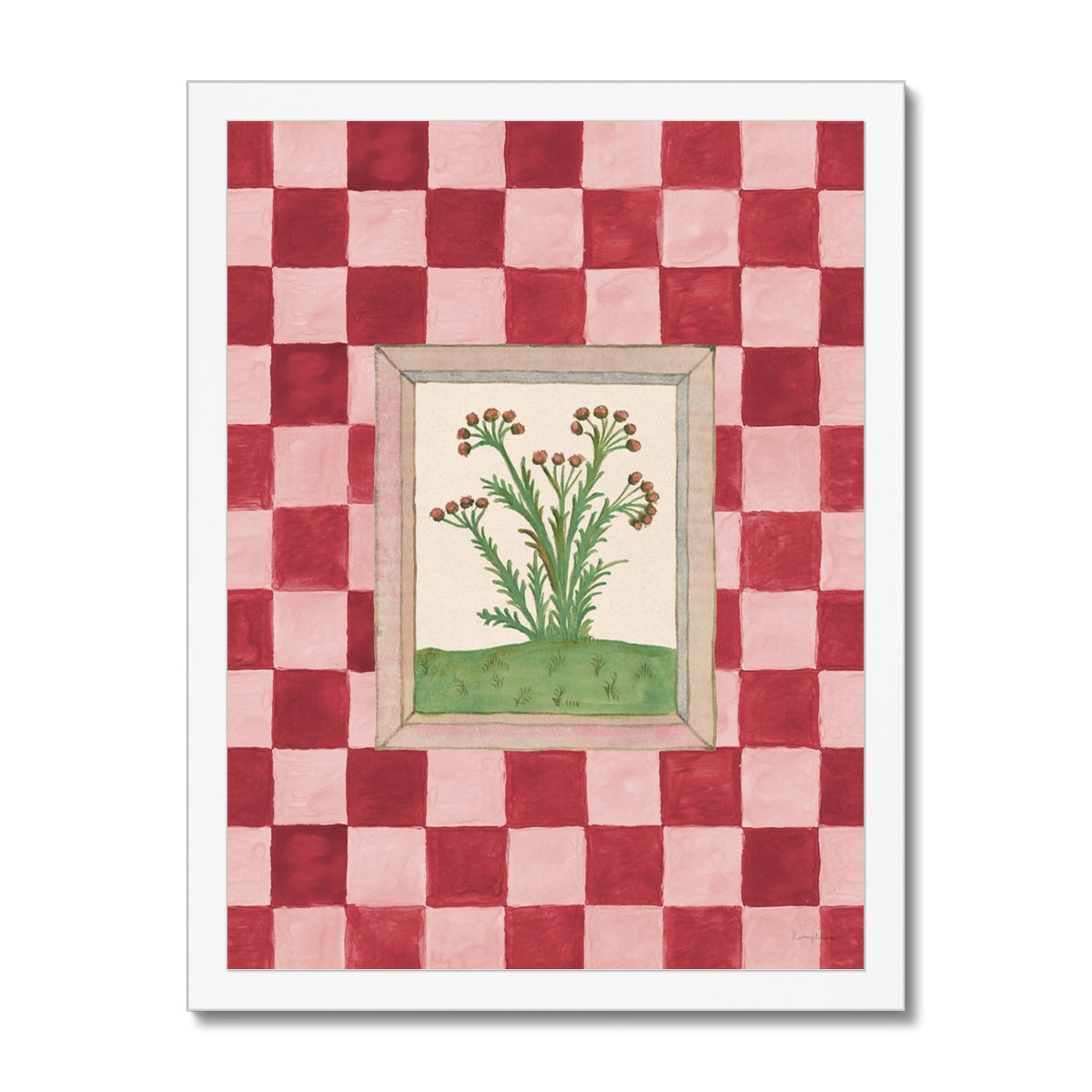 Book of Herbs Pink Check Framed Fine Art Print