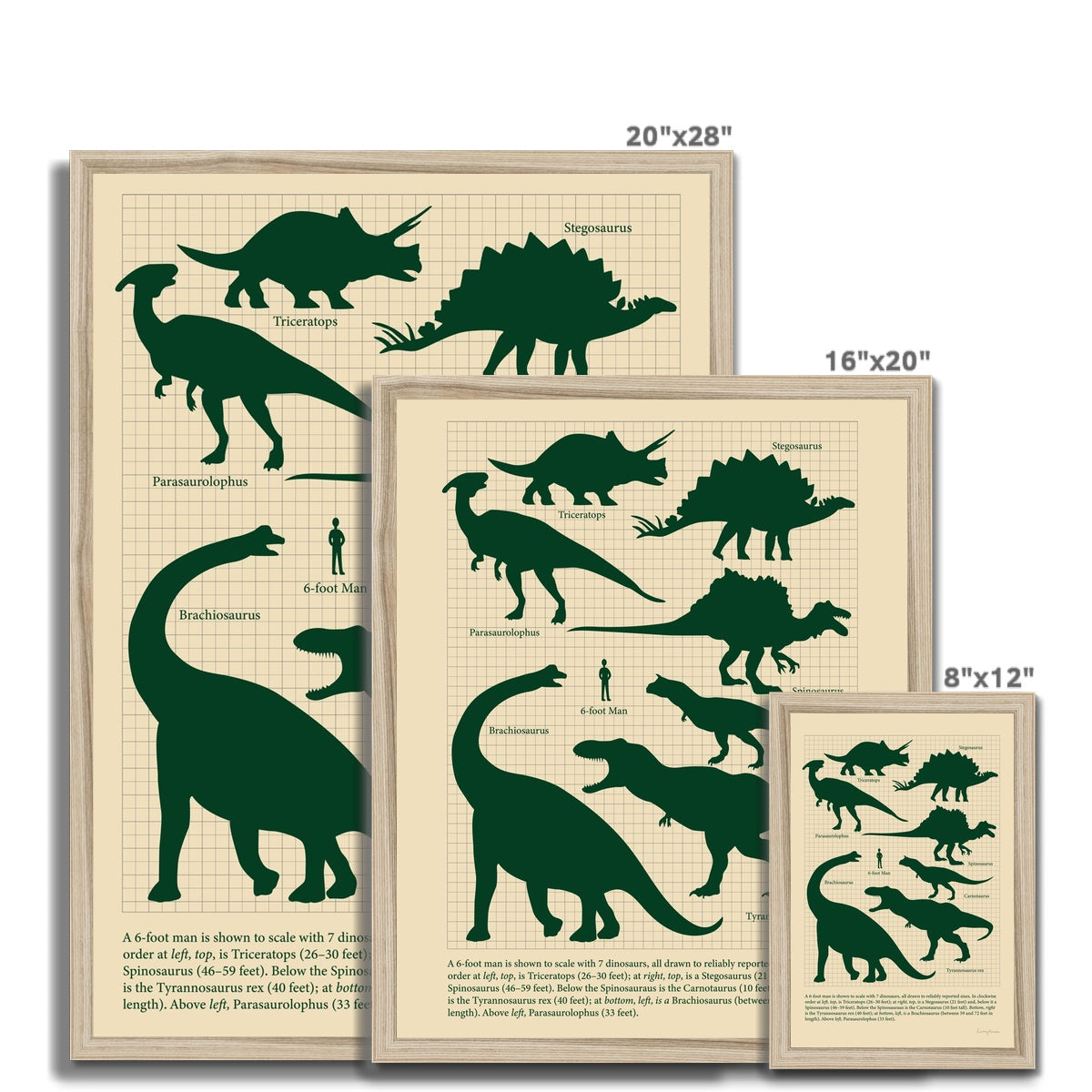 Vintage Green Dinosaurs Fine Art Print Framed Print