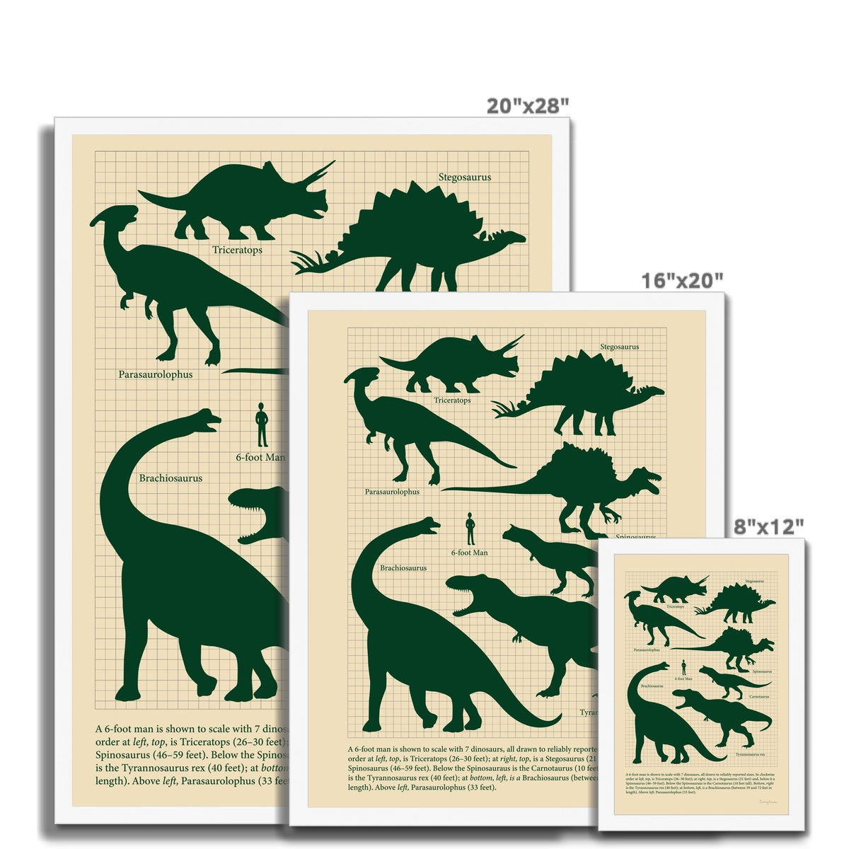 Vintage Green Dinosaurs Fine Art Print Framed Print