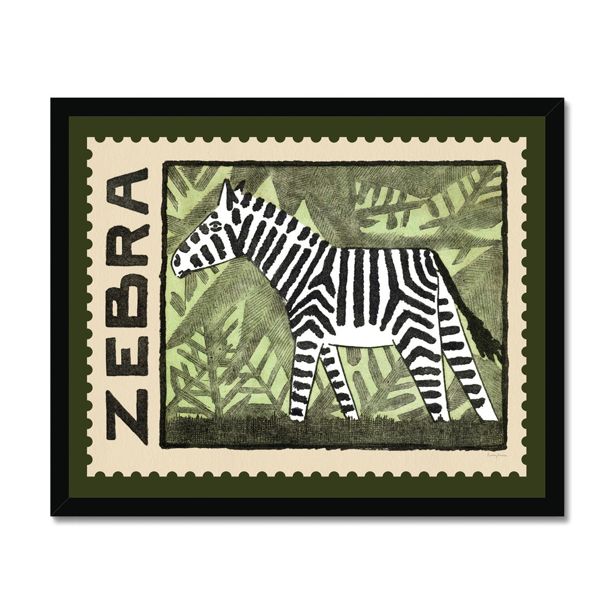 Zebra Vintage Postage Stamp Framed Fine Art Print